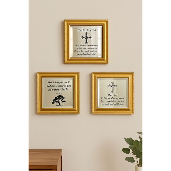 Set 3 Gold Framed Mirrored Bible Verse Wall Art Christian Religious Home Decor - Picture 1 of 5